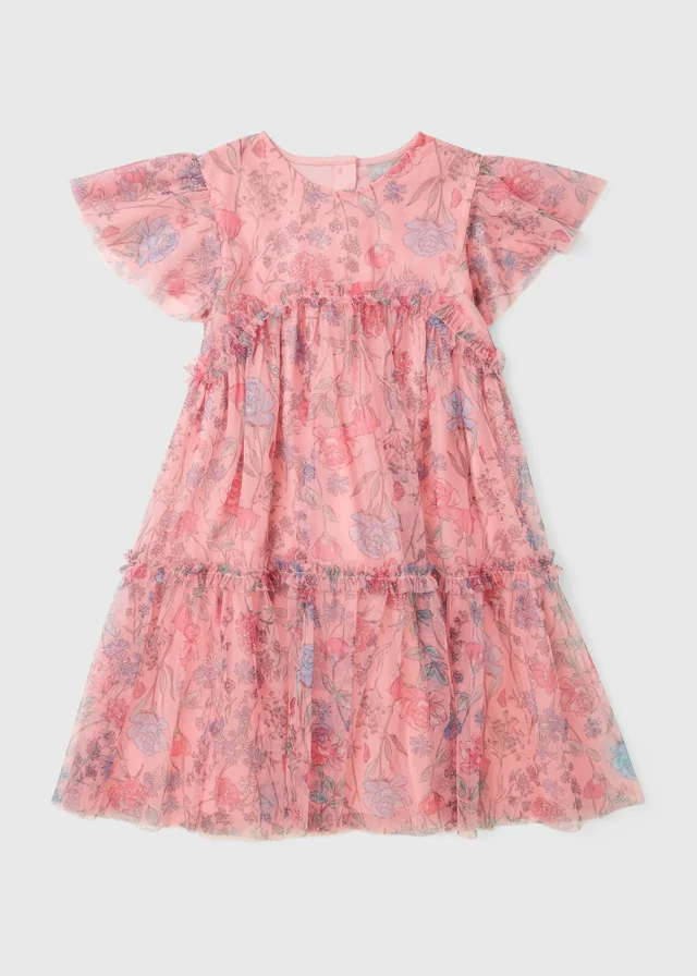 Girls Pink Floral Print Mesh Dress (7-15yrs)