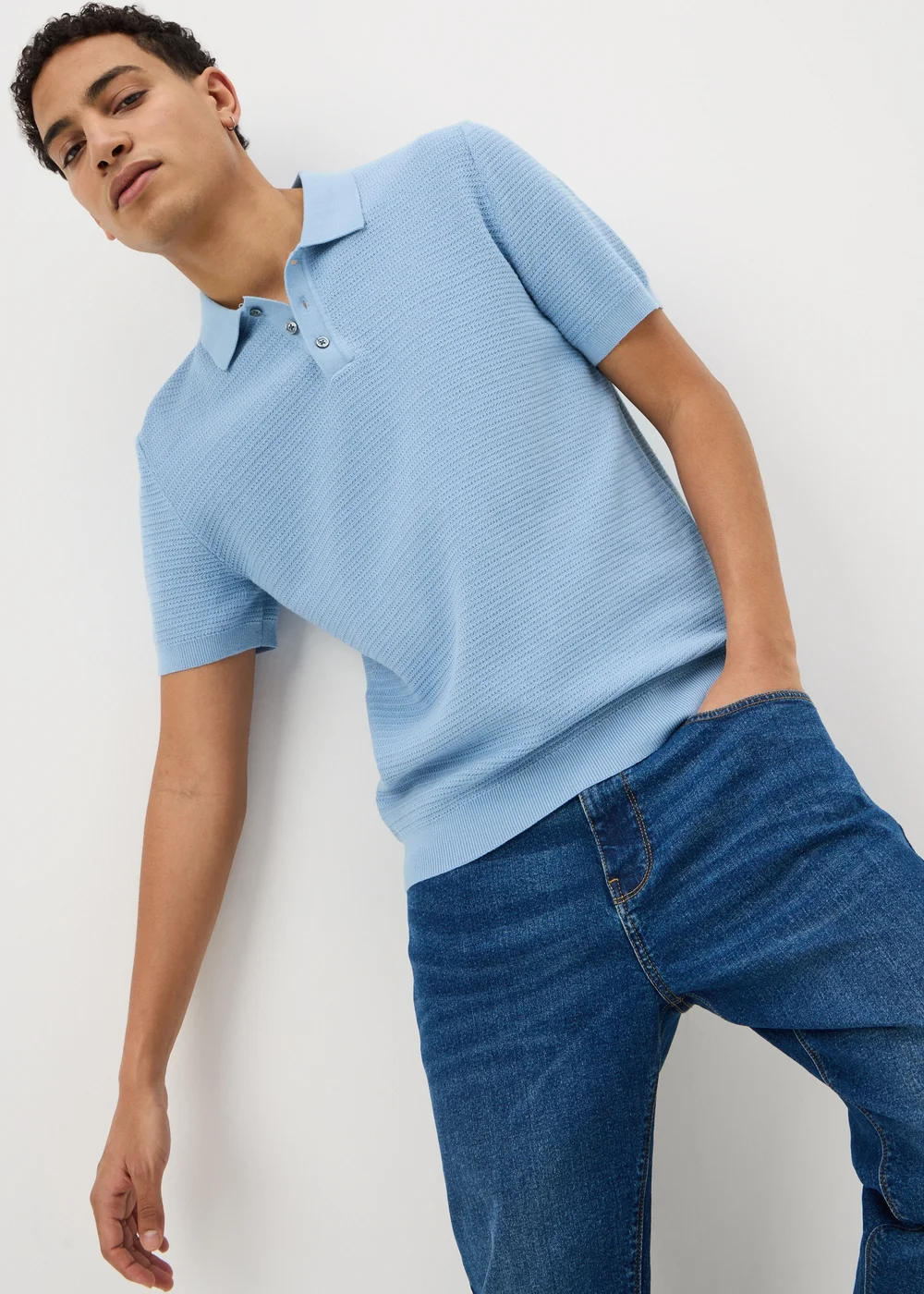 Blue Textured Polo Top - Small Image 1