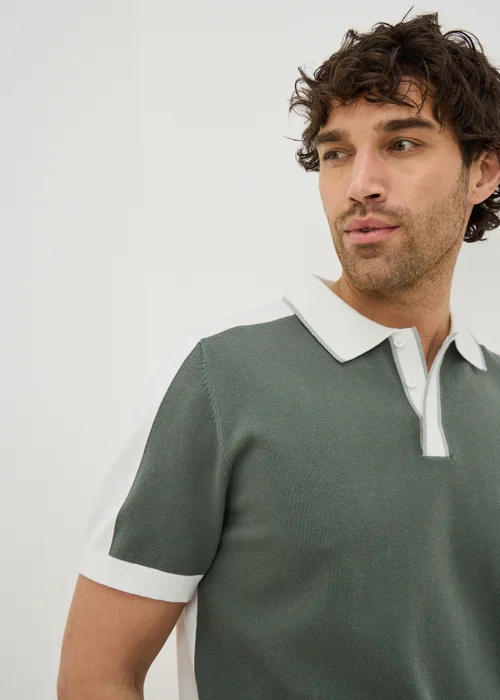 Green Colour Block Knitted Polo Shirt - Small Image 2