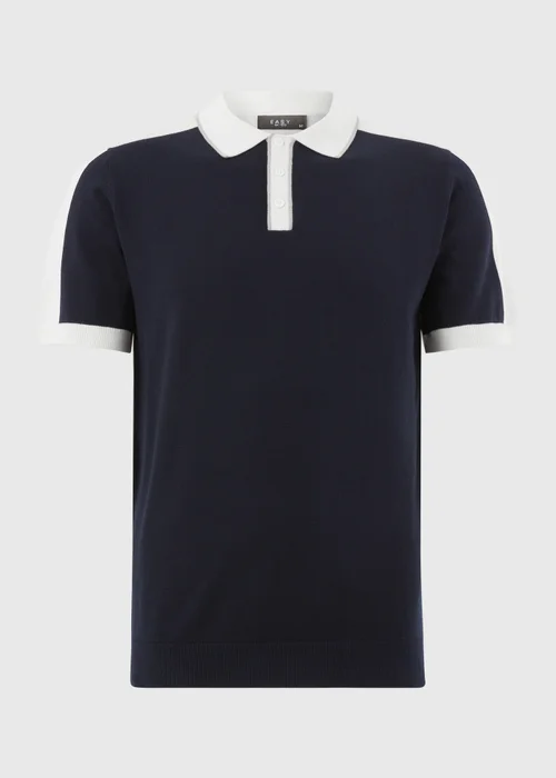 Navy Colour Block Knitted Polo Shirt - Small Image 4