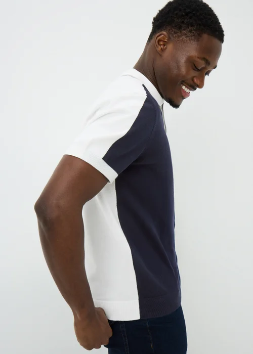 Navy Colour Block Knitted Polo Shirt - Small Image 3
