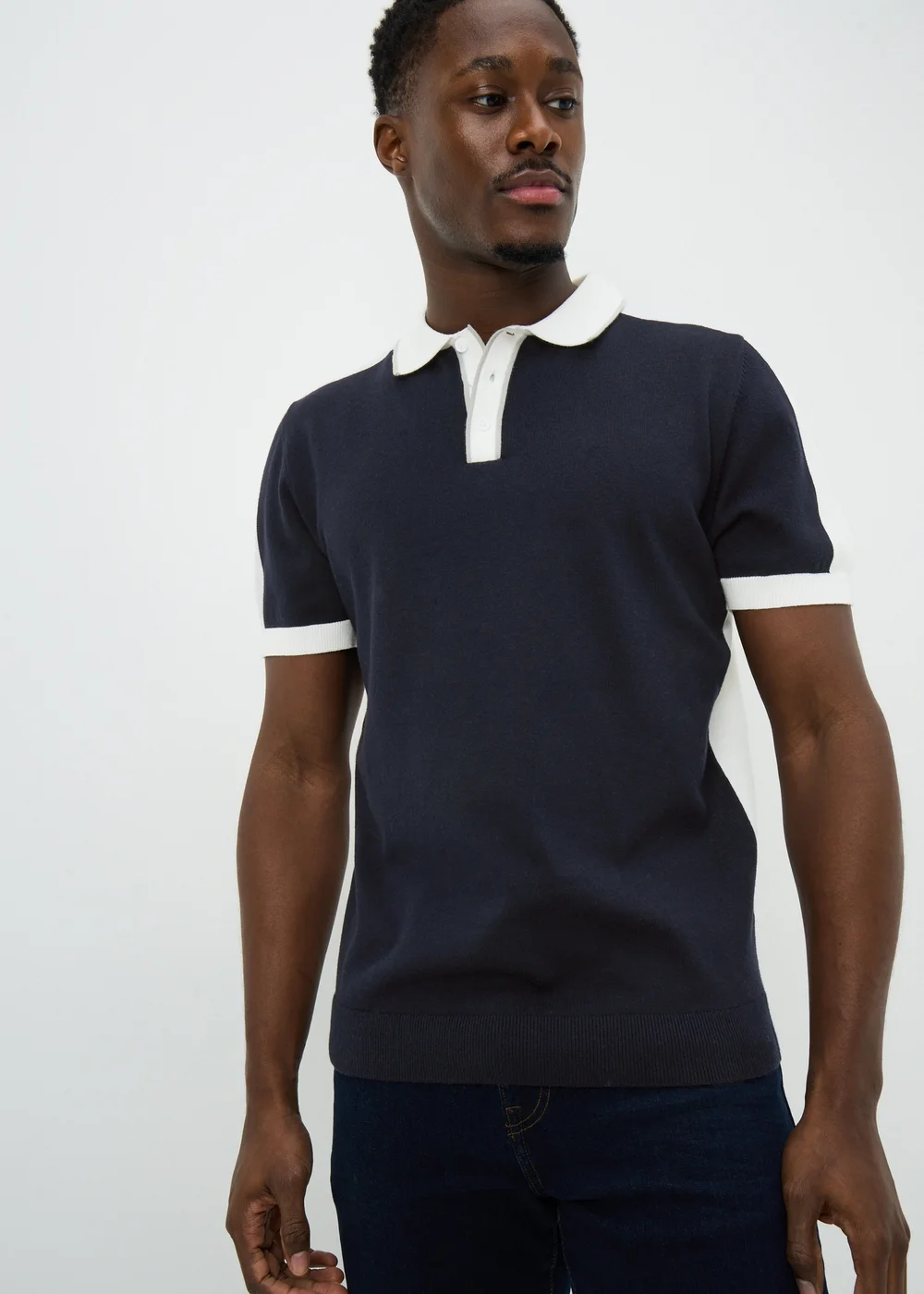 Navy Colour Block Knitted Polo Shirt - Small Image 1