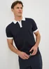 Navy Colour Block Knitted Polo Shirt - Small Image 1