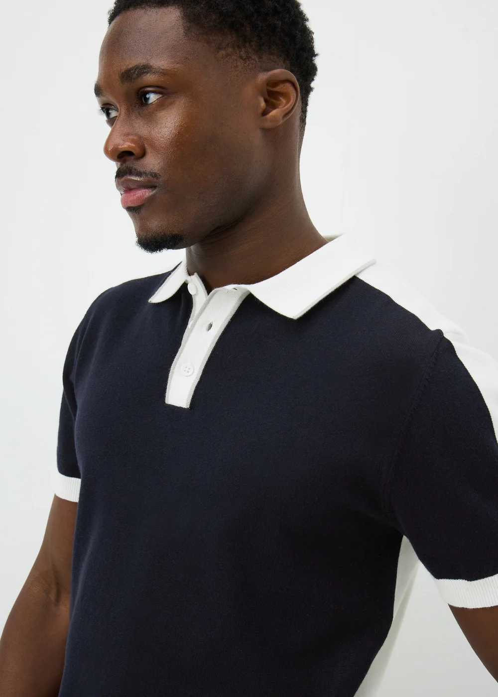 Navy Colour Block Knitted Polo Shirt - Small Image 2