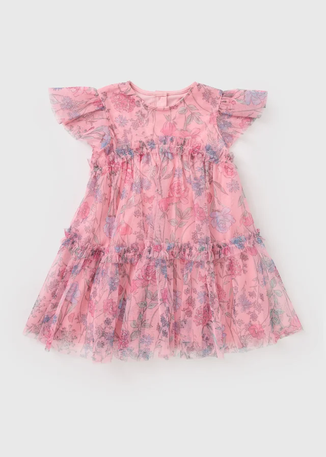 Girls Pink Floral Print Mesh Dress (1-7yrs)