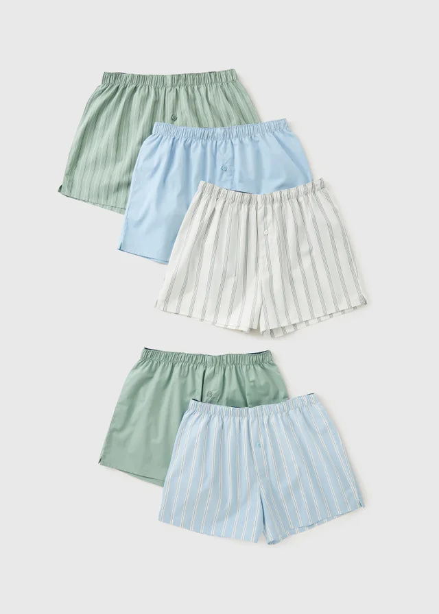 5 Pack Blue & Green Striped Woven Boxers