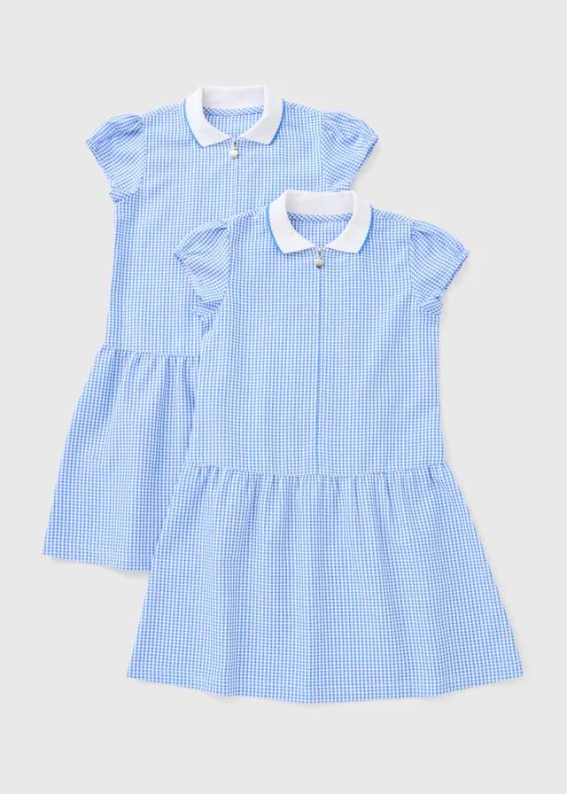 2 Pack Girls Blue Gingham Knit Collar Dress (4-13yrs)