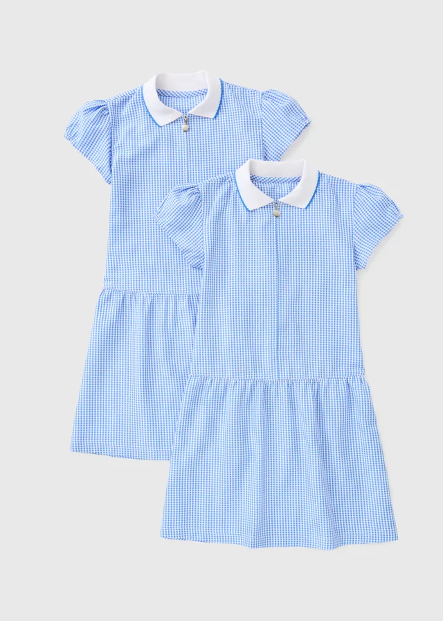 2 Pack Girls Blue Gingham Knit Collar Dress (4-13yrs)