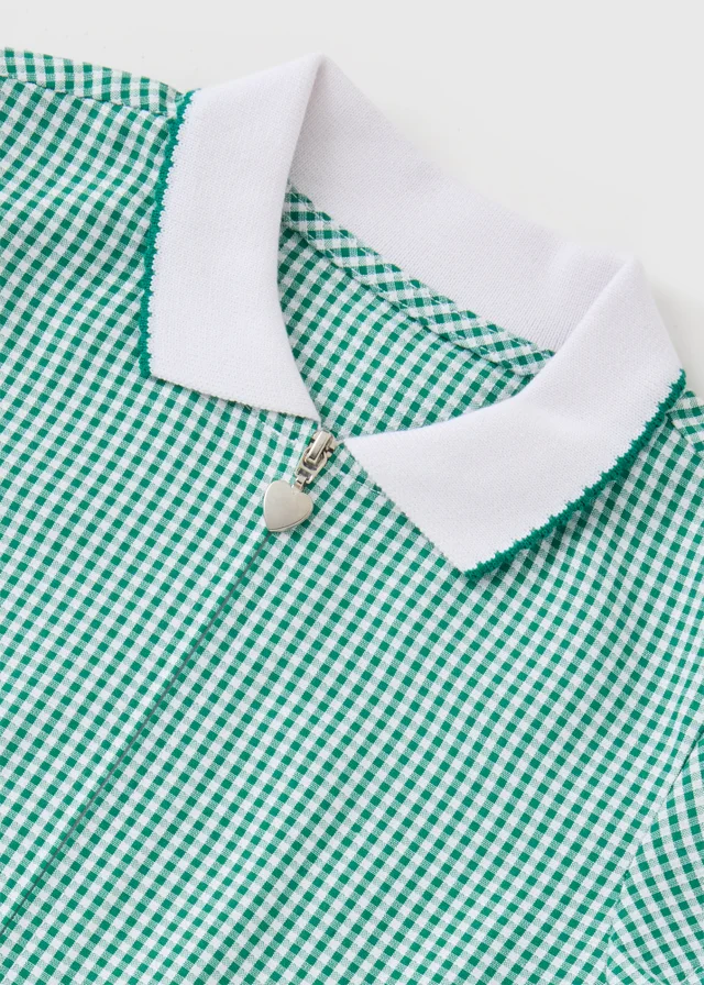 2 Pack Girls Green Gingham Knit Collar School Dresses (3-13yrs)