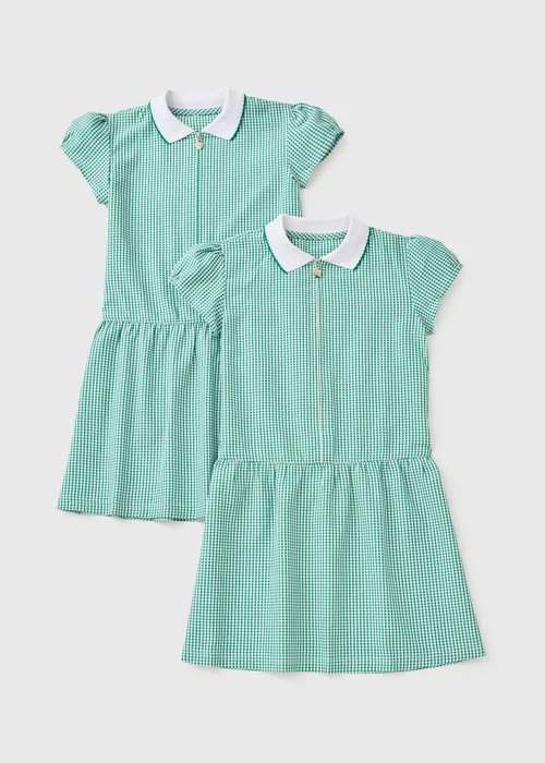 2 Pack Girls Green Gingham Knit Collar Dress (4-13yrs) - Age 4 Years Image 1