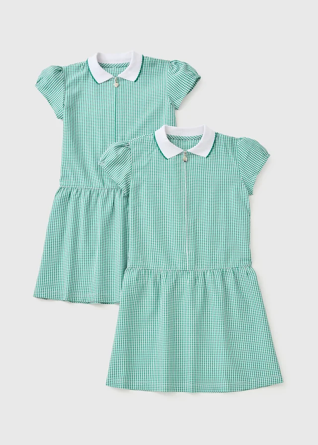 2 Pack Girls Green Gingham Knit Collar Dress (4-13yrs)