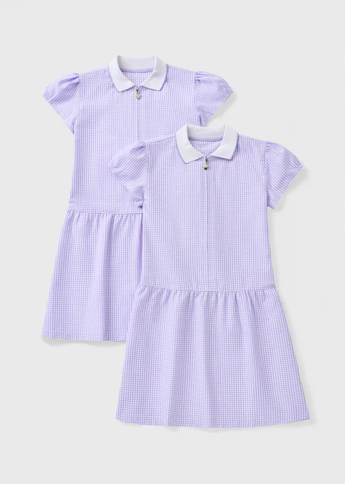 2 Pack Girls Lilac Gingham Knit Collar Dress (4-13yrs) - Age 4 Years Image 1