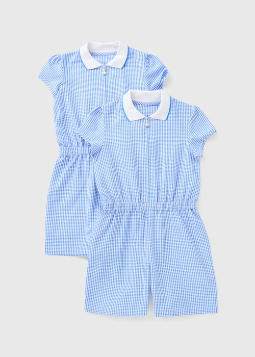 2 Pack Girls Blue Gingham Playsuits (4-13yrs) - 12 Yrs Image 1