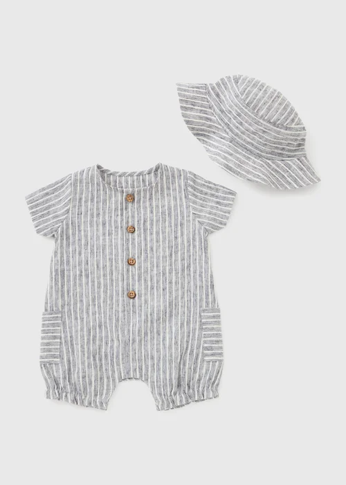 Baby Grey Stripe Romper & Hat Set (Newborn-23mths) - Up to 1 Month Image 1