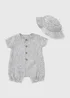 Baby Grey Stripe Romper & Hat Set (Newborn-23mths) - Up to 1 Month Image 1