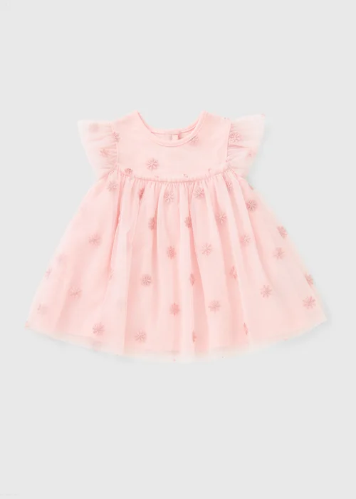 Girls Pink Flower Mesh Dress (Newborn-23mths) - Up to 1 Month Image 1