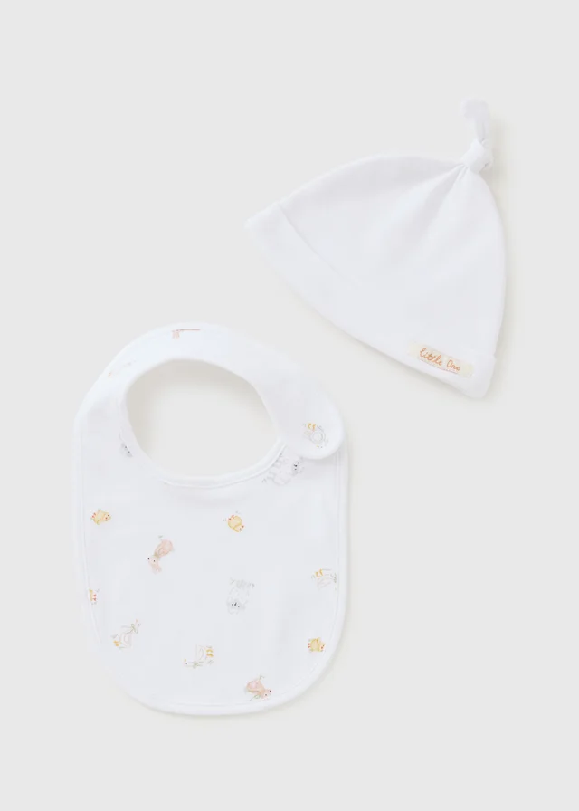 Baby White Spring Animal Bib & Hat Set (Newborn-6mths)
