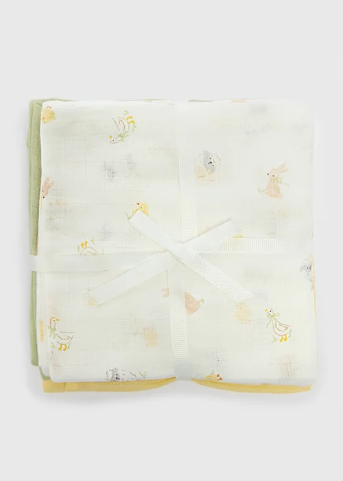 3 Pack Baby Multicolour Spring Animal Muslin Cloths - One Size Image 1