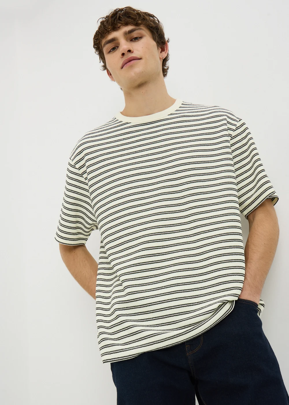 Ecru Striped Textured T-Shirt - Small Image 1