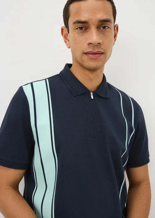 Navy Smart Stripe Bubble Texture Polo Shirt - Small Image 2