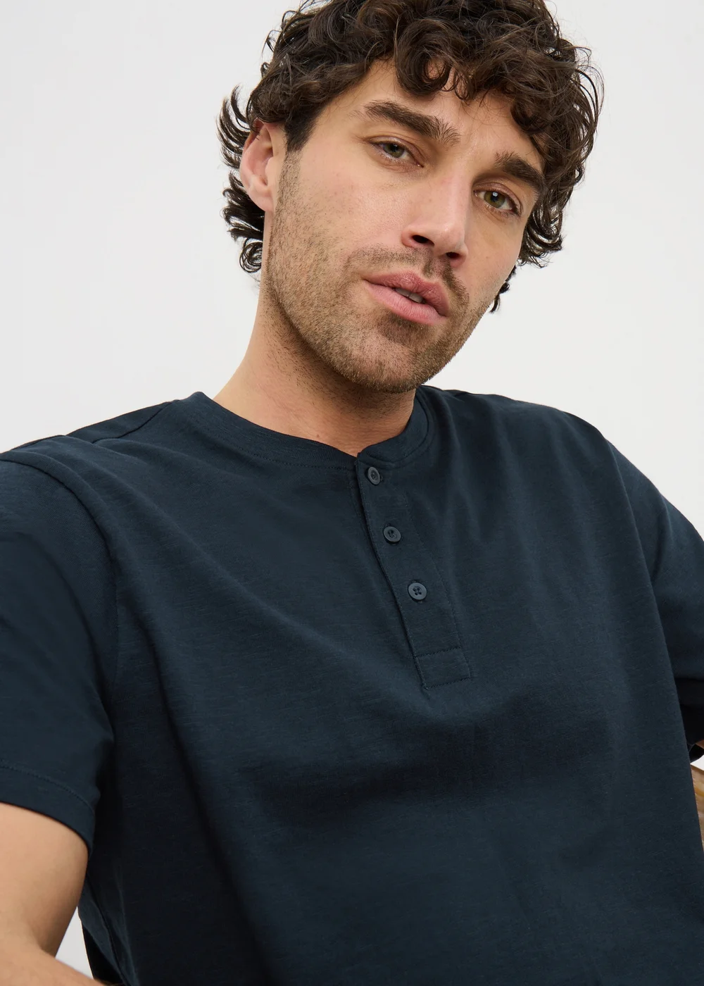 Navy Grandad Collar T-Shirt - Small Image 2