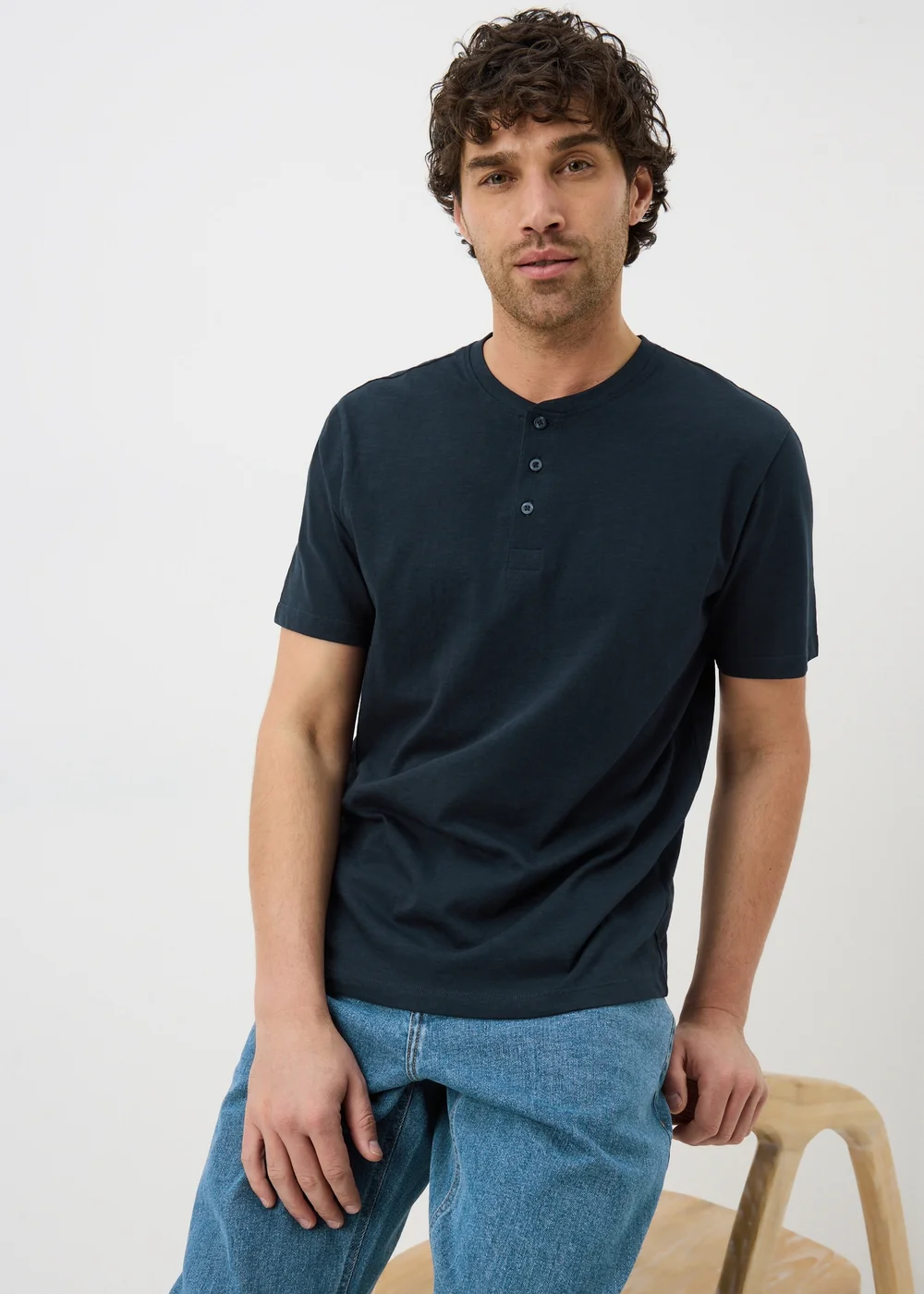 Navy Grandad Collar T-Shirt - Small Image 1