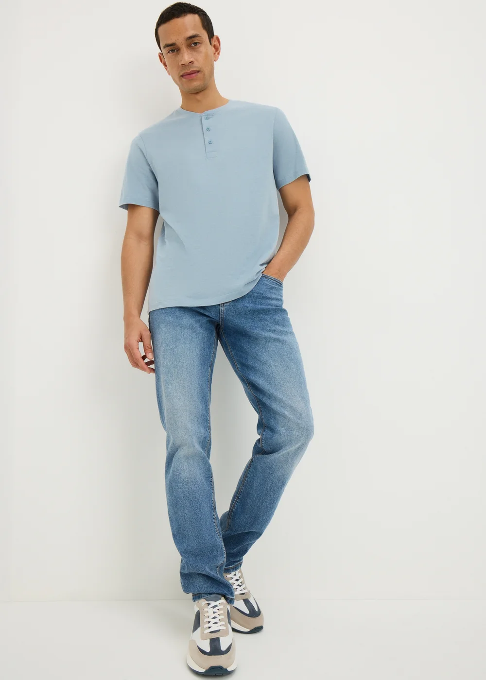 Blue Grandad Collar T-Shirt - Small Image 1