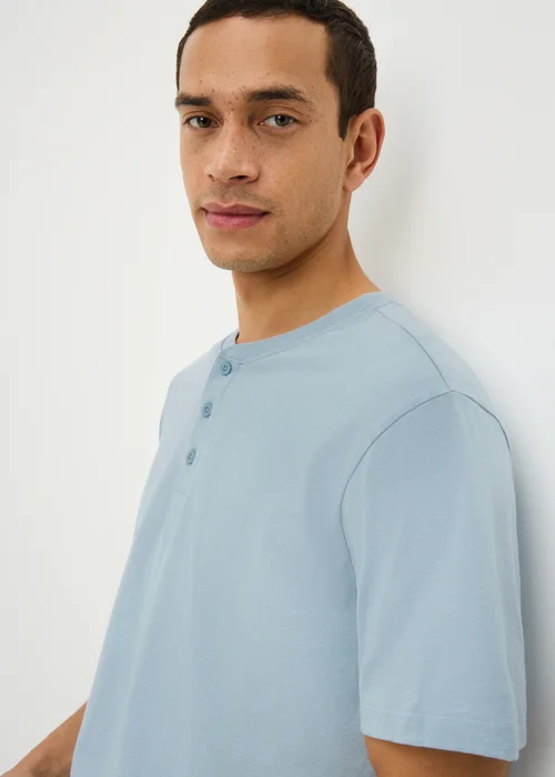 Blue Grandad Collar T-Shirt - Small Image 2