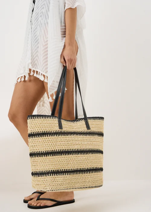 Monochrome Stripe Straw Shopper Bag - One Size Image 1