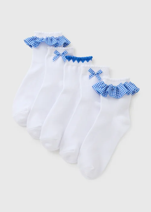 5 Pack Girls Blue Gingham Socks (Younger 6-Older 6.5) - 6-8.5 Image 1