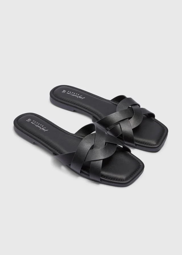 Black Wide Fit Weave Strap Mule Sandals