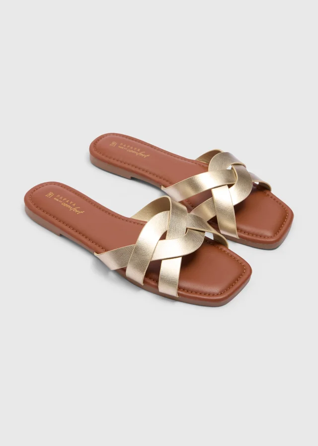 Gold Wide Fit Weave Strap Mule Sandals