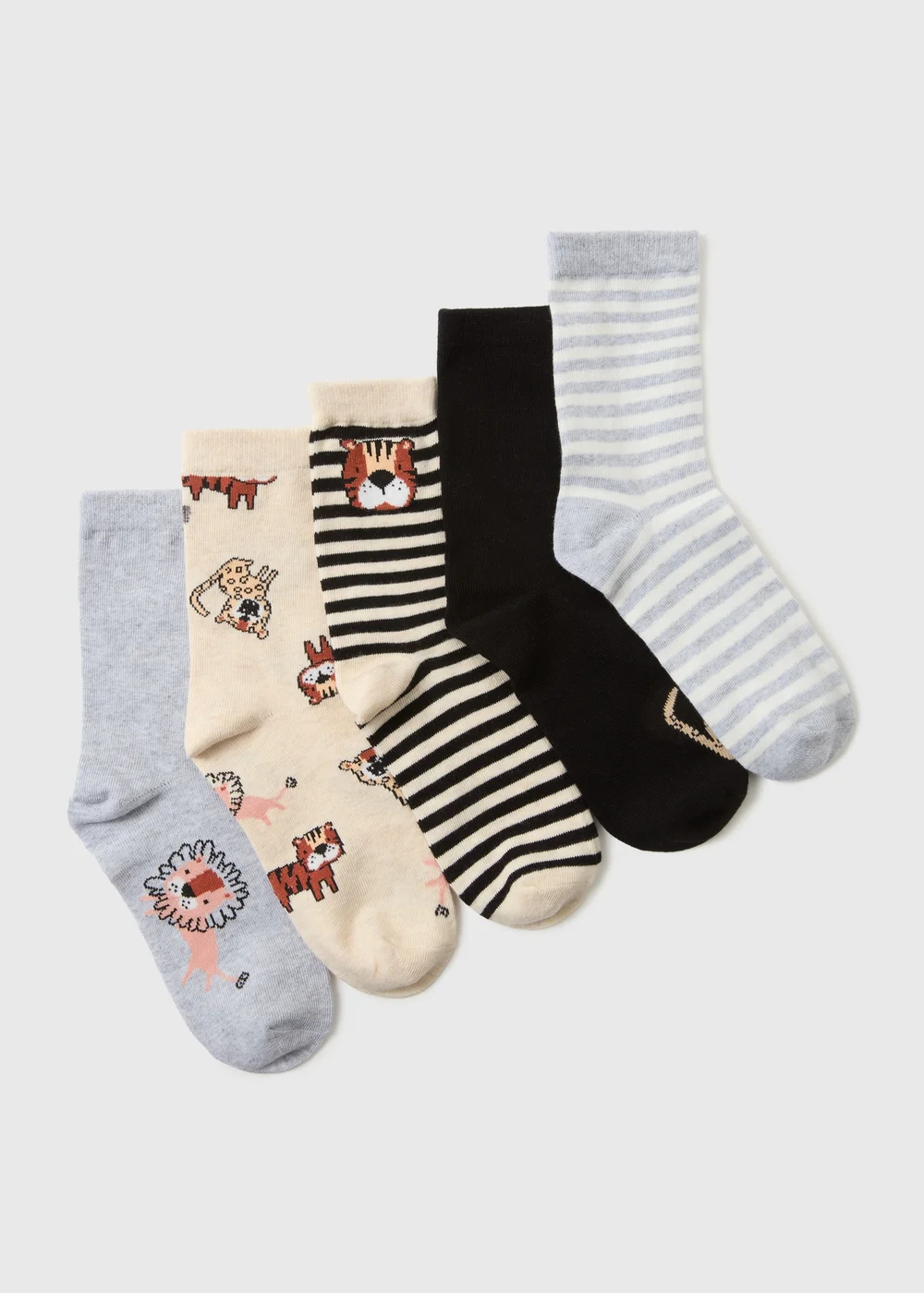 5 Pack Boys Grey Jungle Socks (Younger 6/8.5- Older 4/6.5) - Sizes 6 - 8.5 Image 1