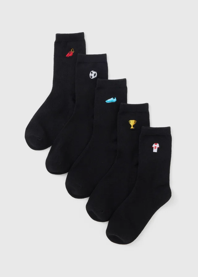5 Pack Boys Black Football Embrodied Socks