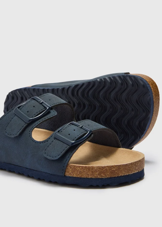 Boys Navy Faux Leather Footbed Sandals (Younger 10-Older 6)
