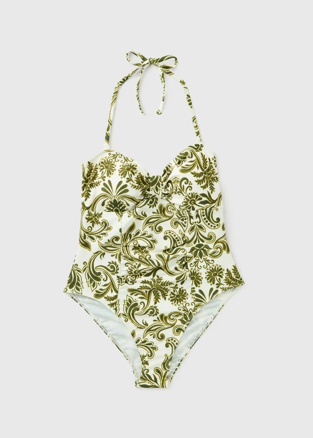 Khaki Printed Halter Neck Bandeau Swimsuit