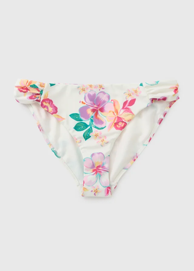 White Tropical Floral High Leg Bikini Bottoms