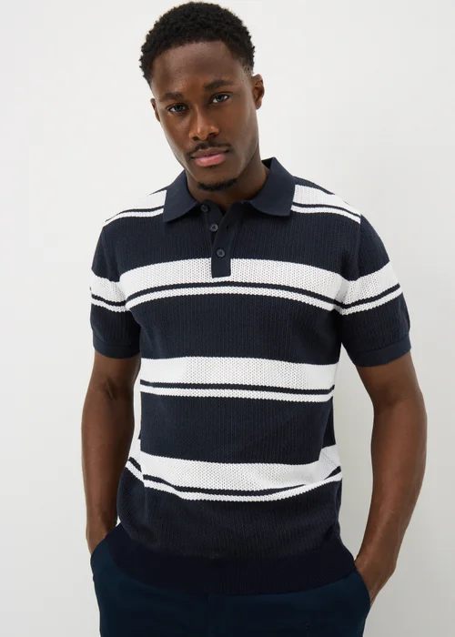 Navy Horizontal Stripe Polo Shirt - Small Image 1