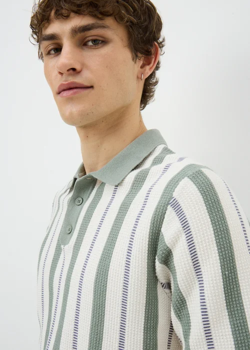Sage Stripe Pointelle Polo Shirt - Small Image 3