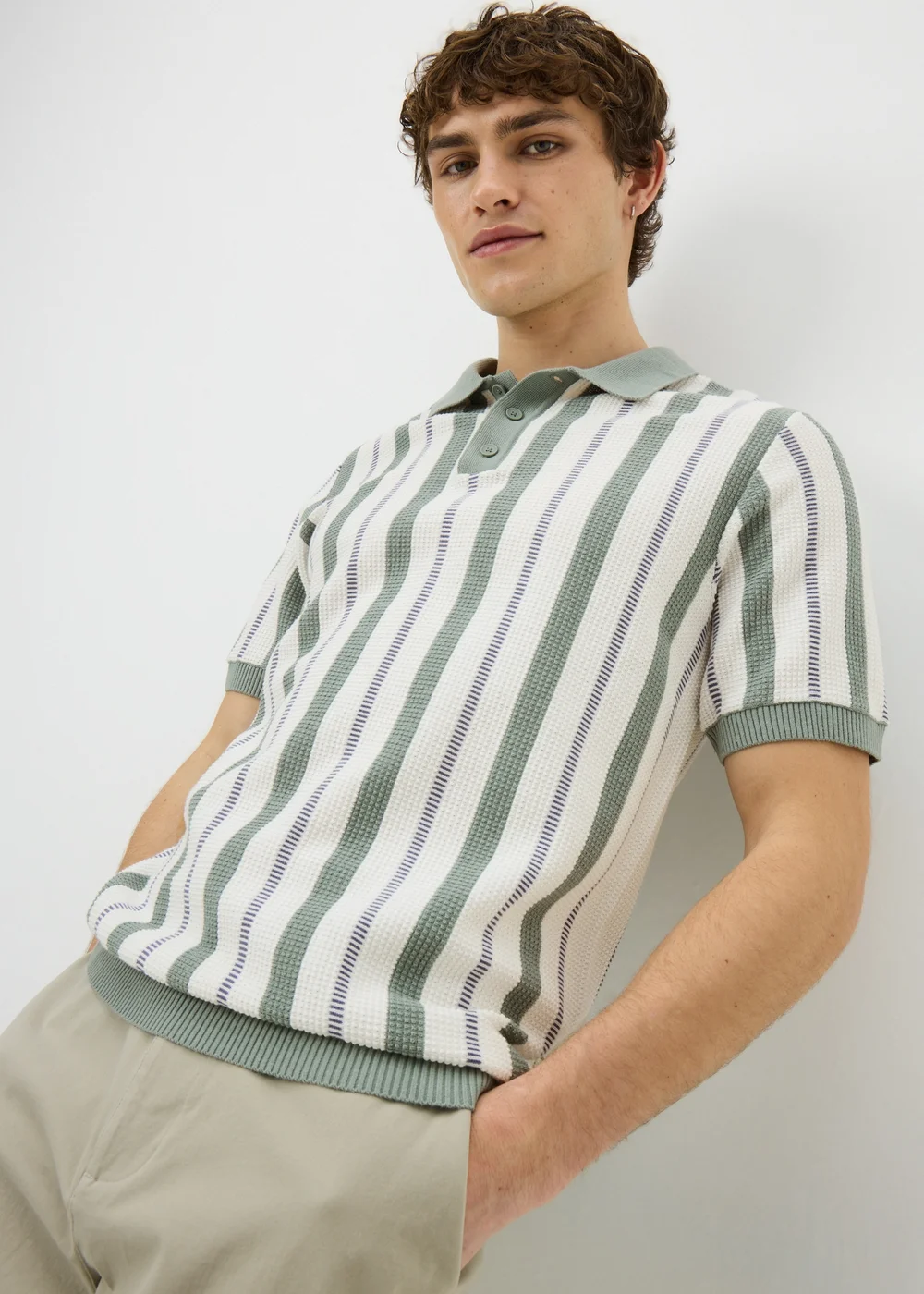 Sage Stripe Pointelle Polo Shirt - Small Image 1