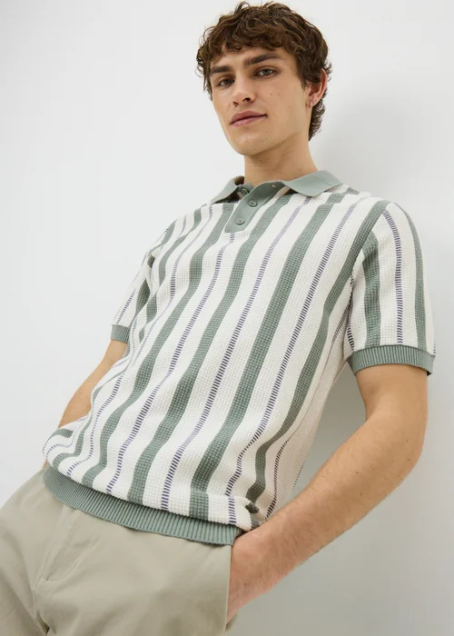 Sage Stripe Pointelle Polo Shirt - Small Image 1