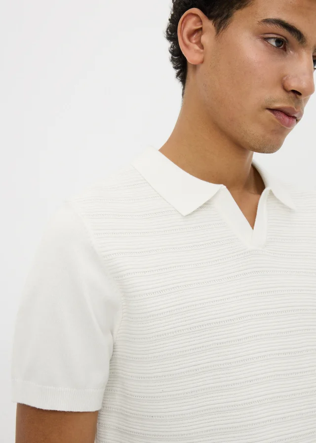 Cream Textured Open Collar Polo Top