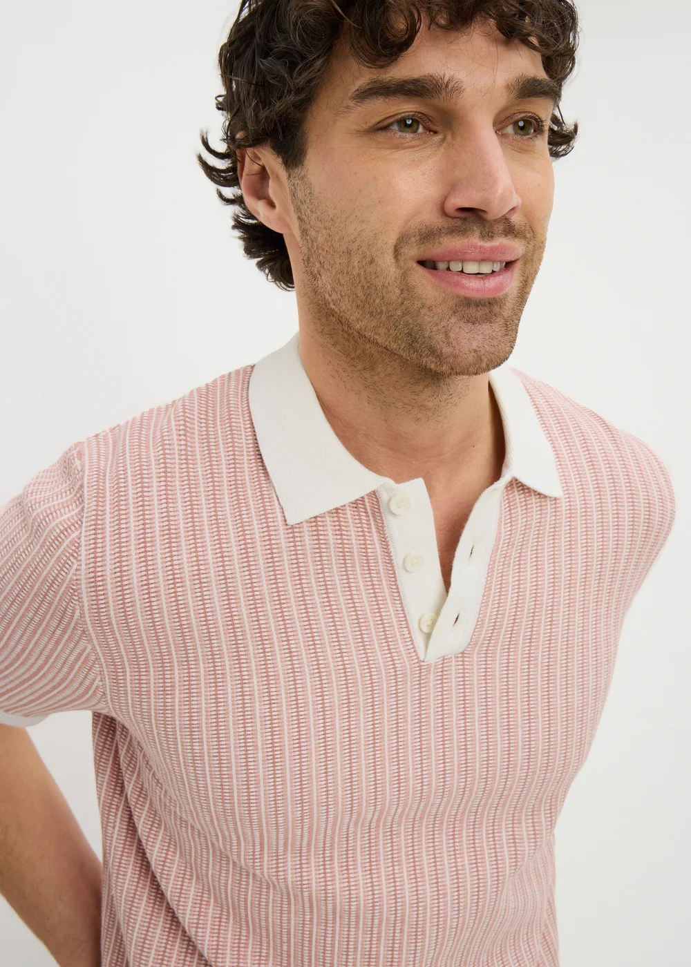 Pink Textured Knitted Polo Shirt - S Image 3