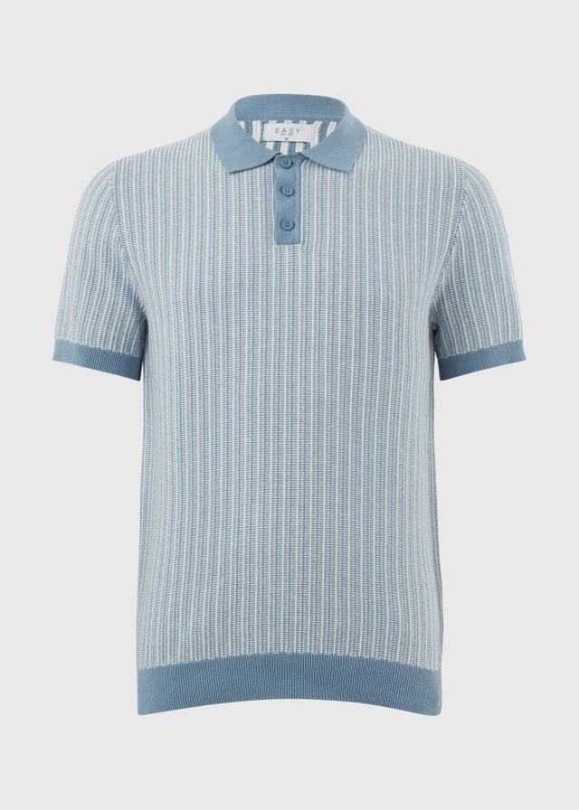 Blue Textured Knitted Polo Shirt