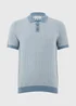 Blue Textured Knitted Polo Shirt - Small Image 3