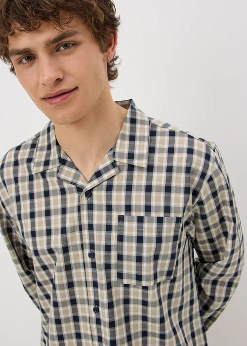 Beige Woven Check Button Up Pyjama Set - S Image 2