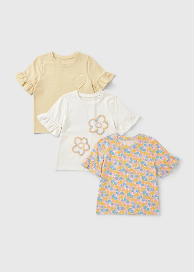 3 Pack Girls Multicolour Floral Frill T-Shirts (1-7yrs)