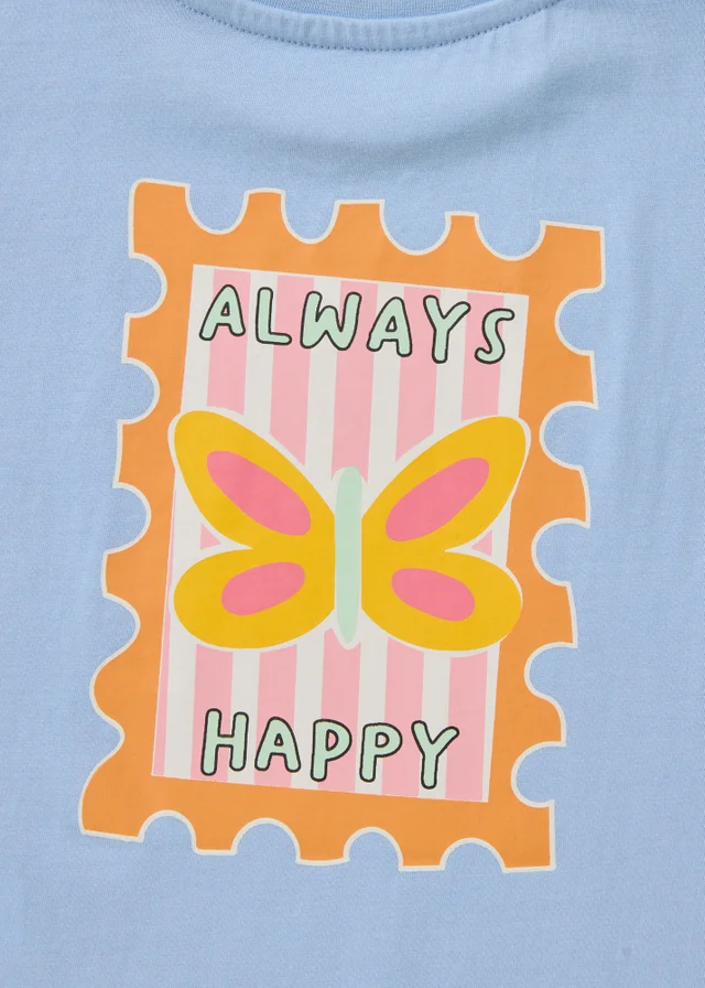 Girls Blue Happy Sticker Print T-Shirt (1-7yrs)