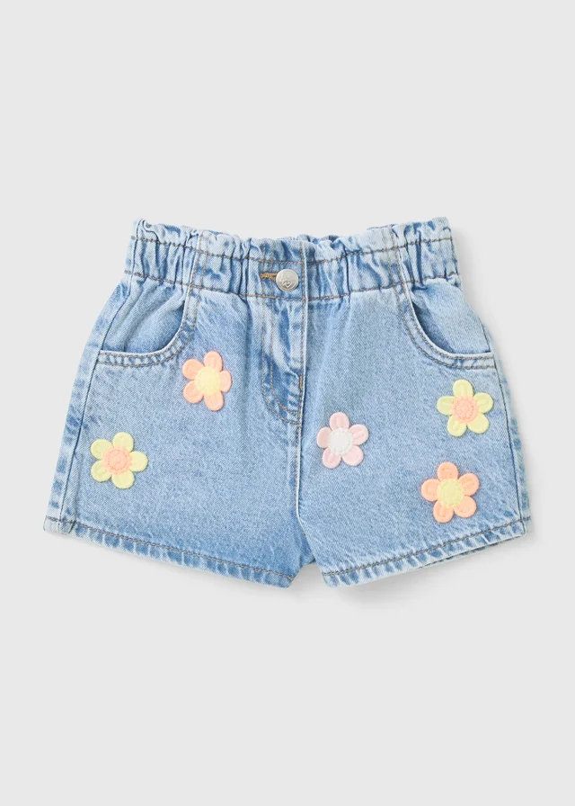 Girls Light Wash Flower Denim Shorts (1-7yrs)