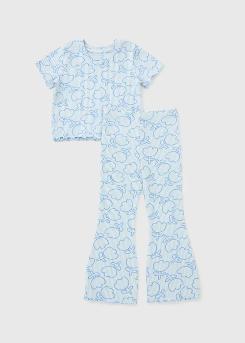 Girls Blue Flower Rib Top & Flare Set (1-7yrs) - 1 to 1 half years Image 1
